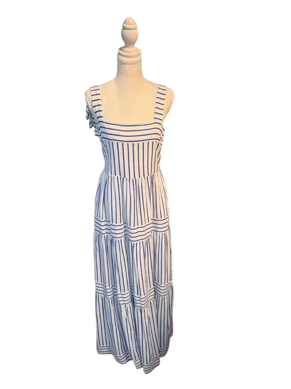 A Loves A Blue & White Stripe Tiered Midi Dress Tie Shoulder Smocked Back L NWT